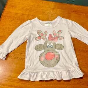 BB Blanks Boutique Girls 12M Christmas shirt Reindeer White Ruffle Long Sleeve